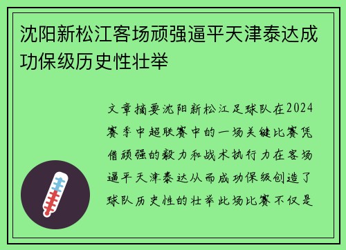 沈阳新松江客场顽强逼平天津泰达成功保级历史性壮举