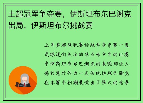 土超冠军争夺赛，伊斯坦布尔巴谢克出局，伊斯坦布尔挑战赛