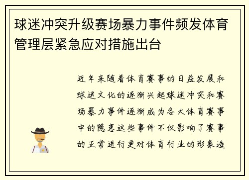球迷冲突升级赛场暴力事件频发体育管理层紧急应对措施出台