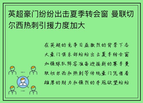 英超豪门纷纷出击夏季转会窗 曼联切尔西热刺引援力度加大